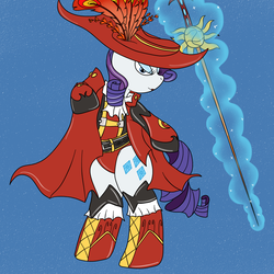 Size: 1200x1200 | Tagged: safe, artist:pavlovzdawg, rarity, pony, unicorn, g4, blue background, clothes, female, final fantasy, leotard, levitation, looking at you, magic, mare, rapier, rarity's leotard, red leotard, red mage, simple background, sword, telekinesis, weapon