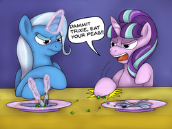 Size: 1600x1200 | Tagged: safe, artist:pavlovzdawg, starlight glimmer, trixie, pony, unicorn, g4, duo, female, food, fork, herbivore, mare, pea, plate, spoon
