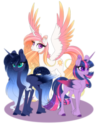 Size: 600x760 | Tagged: safe, alternate version, artist:silkensaddle, princess celestia, princess luna, twilight sparkle, alicorn, pony, g4, alternate color palette, colored hooves, colored wings, colored wingtips, ear fluff, ethereal mane, female, gradient wings, mare, multicolored wings, royal sisters, simple background, spread wings, starry mane, transparent background, trio, twilight sparkle (alicorn), unshorn fetlocks, wings