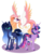 Size: 600x760 | Tagged: safe, alternate version, artist:silkensaddle, princess celestia, princess luna, twilight sparkle, alicorn, pony, g4, alternate color palette, colored hooves, colored wings, colored wingtips, ear fluff, ethereal mane, female, gradient wings, mare, multicolored wings, royal sisters, simple background, spread wings, starry mane, transparent background, trio, twilight sparkle (alicorn), unshorn fetlocks, wings