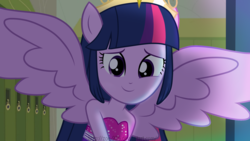 Size: 2035x1144 | Tagged: safe, artist:zoe-975, twilight sparkle, alicorn, equestria girls, g4, my little pony equestria girls, bare shoulders, big crown thingy, clothes, crown, cute, dress, fall formal outfits, jewelry, looking at you, ponied up, regalia, sleeveless, spread wings, strapless, twiabetes, twilight sparkle (alicorn), wings