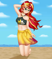 Size: 1600x1800 | Tagged: safe, artist:focusb, sunset shimmer, human, equestria girls, equestria girls specials, g4, my little pony equestria girls: better together, my little pony equestria girls: forgotten friendship, armpits, beach, belly button, explicit source, human coloration, humanized, midriff, sarong, sexy, smiling