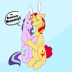 Size: 600x600 | Tagged: safe, artist:snows-undercover, starlight glimmer, sunset shimmer, pony, unicorn, g4, blushing, bunny ears, cute, duo, eyes closed, female, glimmerbetes, hug, lesbian, mare, shimmerbetes, ship:shimmerglimmer, shipping, sunny bunny