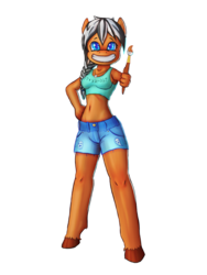 Size: 1500x2000 | Tagged: safe, artist:foxyghost, oc, oc only, oc:foxyghost, anthro, artist, belly button, brush, clothes, midriff, simple background, solo, sports bra, transparent background