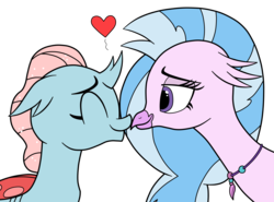 Size: 2779x2053 | Tagged: safe, artist:eagc7, ocellus, silverstream, changedling, changeling, classical hippogriff, hippogriff, g4, bedroom eyes, cute, diaocelles, diastreamies, eyes closed, female, heart, high res, interspecies, lesbian, nuzzling, ship:ocellustream, shipping, simple background, transparent background
