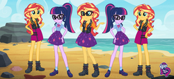 Size: 2304x1053 | Tagged: safe, sci-twi, sunset shimmer, twilight sparkle, equestria girls, fashion photo booth, g4, my little pony equestria girls: better together, beach, equestria girls logo, multeity, my little pony logo, shimmerstorm, triality, trio, twolight