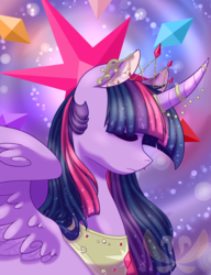 Size: 2000x2600 | Tagged: safe, artist:cloureed, twilight sparkle, alicorn, pony, g4, curved horn, eyes closed, female, high res, horn, horn jewelry, lightly watermarked, solo, twilight sparkle (alicorn), watermark