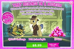 Size: 1966x1301 | Tagged: safe, gameloft, indiana pones, pony, g4, my little pony: magic princess, advertisement, archaeologist, costs real money, game, game screencap, gem, indiana jones, introduction card, male, ponified, solo, stallion