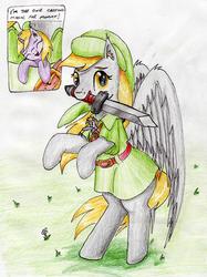 Size: 2271x3037 | Tagged: safe, artist:40kponyguy, derpibooru exclusive, derpy hooves, dinky hooves, pegasus, pony, unicorn, g4, bipedal, clothes, cosplay, costume, crossover, cute, derpabetes, dinkabetes, ear fluff, equestria's best daughter, equestria's best mother, eyes closed, female, filly, fourth wall, grass, high res, looking at you, micro, mother and daughter, mouth hold, requested art, sword, talking to viewer, the legend of zelda, tiny ponies, traditional art, weapon