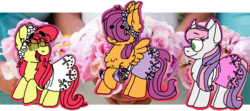 Size: 1136x504 | Tagged: safe, artist:latiapainting, apple bloom, scootaloo, sweetie belle, g4, chest fluff, clothes, cutie mark crusaders, dress, female, flower, marriage, redraw, toy, trio, wedding, wedding dress, wedding flower fillies