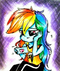 Size: 2322x2746 | Tagged: safe, artist:liaaqila, rainbow dash, equestria girls, g4, clothes, depressed, depression, female, high res, pants, solo, traditional art