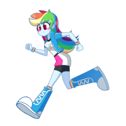 Size: 1024x1024 | Tagged: safe, artist:riouku, rainbow dash, equestria girls, g4, big feet, blushing, boots, clothes, commission, compression shorts, cute, female, fist, foot growth, looking down, moe, running, shorts, simple background, skirt, socks, solo, transparent background, wristband