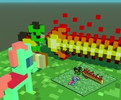 Size: 706x584 | Tagged: safe, artist:derek the metagamer, ocellus, oc, oc:emerald rook, changedling, changeling, dragon, g4, season 8, book, changedling oc, changeling oc, dragoning, fire, fire beam, fire breath, isometric, voxel art