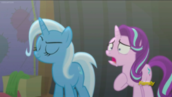 Size: 1280x720 | Tagged: safe, screencap, starlight glimmer, trixie, pony, unicorn, g4, no second prances, about to cry, arrogant, backstage, betrayed, careless, duo, eyes closed, faic, female, heartbreak, hoof on chest, jaw drop, mare, mistake, oops, sad, sadlight glimmer, shrunken pupils, sin of pride, smiling, smirk