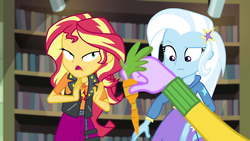 Size: 1920x1080 | Tagged: safe, screencap, microchips, sunset shimmer, trixie, equestria girls, equestria girls series, forgotten friendship, g4, carrot, food, library