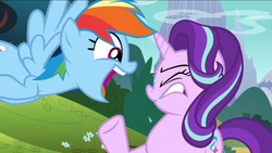Size: 1136x640 | Tagged: safe, screencap, rainbow dash, starlight glimmer, g4, no second prances, say it don't spray it, spit, spitting