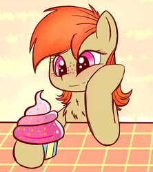 Size: 800x900 | Tagged: safe, artist:claribell3, oc, oc only, oc:amber rose, pony, commission, cute, food, muffin, smiling, solo