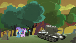 Size: 800x450 | Tagged: safe, edit, edited screencap, screencap, starlight glimmer, thorax, trixie, pony, unicorn, g4, to where and back again, 3d, animated, bad end, changeling hive, communism, earth shattering kaboom, explosion, female, hive, i can't believe it's not superedit, kv-2, male, mare, source filmmaker, soviet union, spire, stalin glimmer, tank (vehicle), war thunder, world war ii, yellow sky