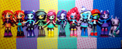Size: 4128x1668 | Tagged: safe, daring do, pinkie pie, rainbow dash, rarity, roseluck, starlight glimmer, sunset shimmer, trixie, twilight sparkle, human, pony, equestria girls, g4, 3d glasses, brushable, cap, clothes, collection, doll, duality, equestria girls minis, hat, human ponidox, irl, photo, self paradox, self ponidox, toy, trixie's hat