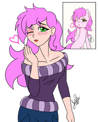 Size: 1600x2000 | Tagged: safe, artist:jack-pie, oc, oc only, oc:spring hope, human, pony, clothes, female, humanized, humanized oc, looking at you, mare, off shoulder, one eye closed, simple background, wink