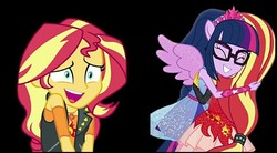 Size: 729x402 | Tagged: safe, sci-twi, sunset shimmer, twilight sparkle, equestria girls, equestria girls specials, g4, my little pony equestria girls: better together, my little pony equestria girls: forgotten friendship, black background, simple background, smiling