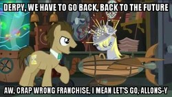 Size: 480x270 | Tagged: safe, edit, edited screencap, screencap, derpy hooves, doctor whooves, time turner, earth pony, pony, g4, slice of life (episode), allons-y, back to the future, blooper, colander, doctor who, doctor whooves' lab, duo, eyes closed, female, image macro, male, mare, meme, muffin 1, reference, ship:doctorderpy, shipping, stallion, straight, text, the doctor, wrong franchise