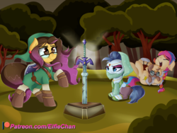 Size: 6096x4572 | Tagged: safe, artist:katakiuchi4u, oc, oc only, pony, absurd resolution, clothes, female, glasses, link, male, mare, master sword, raised hoof, smiling, stallion, sword, the legend of zelda, weapon
