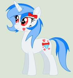 Size: 827x886 | Tagged: safe, artist:gempainter32, oc, oc only, oc:diamond nella, pony, unicorn, base used, blue mane, blue tail, bow, diamond, female, green background, hair bow, heart, looking up, mare, red eyes, simple background, solo