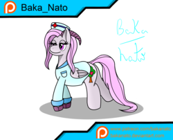 Size: 2640x2134 | Tagged: safe, artist:bakanato, oc, oc only, oc:beryl (discoshy), hybrid, female, high res, interspecies offspring, nurse, nurse outfit, offspring, parent:discord, parent:fluttershy, parents:discoshy, patreon, patreon logo, signature, simple background, solo, transparent background