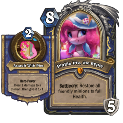 Size: 587x587 | Tagged: safe, artist:vanillaghosties, editor:luxuria, pinkie pie, earth pony, pony, g4, blizzard entertainment, card, clothes, female, food, grin, gypsy pie, hat, hearthpwny, hearthstone, hero card, hero power, mare, pie, simple background, smiling, squee, transparent background, warcraft
