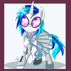 Size: 3000x3000 | Tagged: dead source, safe, artist:hanaty, dj pon-3, vinyl scratch, pony, unicorn, g4, boots, clothes, crossover, cute, female, high res, mare, pleated skirt, raised hoof, shoes, skirt, solo, sunglasses, vocaloid