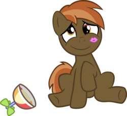 Size: 2403x2202 | Tagged: safe, artist:credechica4, button mash, g4, colt, foal, hat, high res, kiss mark, lipstick, lovesick, male, propeller hat, simple background, sitting, transparent background