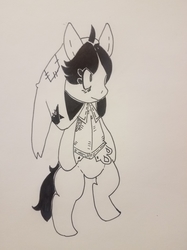 Size: 2867x3823 | Tagged: safe, artist:shpace, oc, oc only, oc:floor bored, earth pony, pony, bipedal, black and white, clothes, female, grayscale, high res, mare, monochrome, rpg, simple background, solo, traditional art