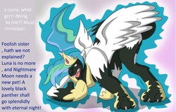 Size: 1280x819 | Tagged: safe, artist:jrain9110, artist:tfsubmissions, princess celestia, alicorn, panther, pony, g4, alternate universe, clothes, feral, implied nightmare moon, jewelry, magic, offscreen character, open mouth, regalia, ripping clothes, solo, speech change, transformation, unwilling transformation