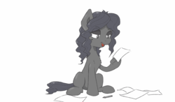 Size: 1280x750 | Tagged: safe, artist:lalieri, oc, oc only, oc:nikita, pony, hoof hold, open mouth, paper, sitting, solo