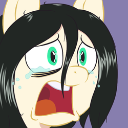 Size: 600x600 | Tagged: safe, artist:scraggleman, oc, oc only, oc:floor bored, earth pony, pony, bags under eyes, bust, crying, female, mare, open mouth, purple background, reaction image, simple background, solo, teary eyes