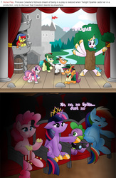 Size: 2161x3319 | Tagged: safe, artist:poseidonathenea, apple bloom, pinkie pie, princess celestia, rainbow dash, scootaloo, spike, sweetie belle, twilight sparkle, alicorn, dragon, earth pony, goat, pegasus, pony, unicorn, g4, horse play, :o, :t, audience, awkward, camcorder, castle, clothes, colt, comic, costume, cute, cutelestia, cutie mark crusaders, digital art, dress, drool, eating, eyes closed, female, filly, floppy ears, food, frown, hat, high res, hoof hold, leaning, lidded eyes, male, mare, open mouth, play, popcorn, puffy cheeks, raised hoof, sitting, sleeping, smiling, stage, theater, tree, twilight sparkle (alicorn), unamused, video camera, waving