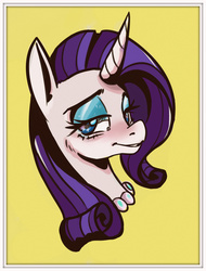 Size: 3192x4192 | Tagged: safe, artist:ponyix, rarity, pony, g4, bust, female, high res, jewelry, lidded eyes, necklace, portrait, simple background, smiling, solo, yellow background