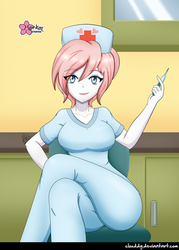 Size: 715x1000 | Tagged: safe, artist:clouddg, nurse redheart, equestria girls, g4, breasts, busty nurse redheart, chair, clothes, crossed legs, female, hat, helloooooo nurse, looking at you, nurse, nurse hat, scrubs (gear), signature, sitting, smiling, solo, thermometer