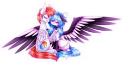 Size: 3658x1865 | Tagged: safe, artist:honeybbear, oc, oc only, oc:beatz, oc:heartfire, pegasus, pony, clothes, colored wings, cuddling, duo, ear fluff, ear piercing, eyes closed, female, floppy ears, male, mare, piercing, simple background, sitting, socks, spread wings, stallion, transparent background, two toned wings, wings