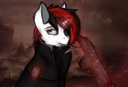 Size: 1055x719 | Tagged: safe, artist:s.l.guinefort, oc, oc only, oc:blackjack, pony, unicorn, fallout equestria, fallout equestria: project horizons, alcohol, bust, cigarette, clothes, coat, drink, flask, glowing horn, gun, horn, magic, portrait, ruins, smoking, solo, telekinesis, weapon