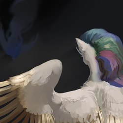 Size: 2160x2160 | Tagged: safe, artist:yanisfucker, princess celestia, princess luna, alicorn, pony, g4, back, colored wings, colored wingtips, dark, ear fluff, female, fluffy, flying, high res, mare, missing accessory, shoulder fluff, solo, spread wings, wing fluff, wings