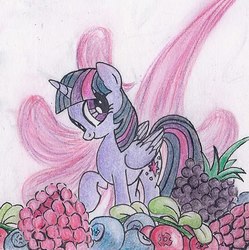 Size: 602x604 | Tagged: safe, artist:pony-paint, part of a set, twilight sparkle, alicorn, pony, g4, blackberry, blueberry, cowberry, female, folded wings, food, looking at you, looking sideways, mare, raised hoof, raspberry (food), smiling, solo, three quarter view, traditional art, twilight sparkle (alicorn), wings