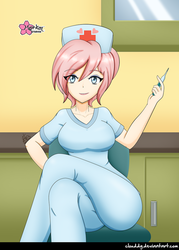 Size: 715x1000 | Tagged: safe, artist:clouddg, nurse redheart, equestria girls, g4, breasts, busty nurse redheart, chair, clothes, crossed legs, female, hat, hospital, human coloration, looking at you, nurse, nurse hat, scrubs (gear), sitting, solo, syringe