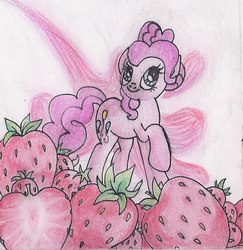 Size: 586x604 | Tagged: safe, artist:pony-paint, part of a set, pinkie pie, earth pony, pony, g4, female, food, looking away, looking up, mare, raised hoof, smiling, solo, strawberry, traditional art, turned head
