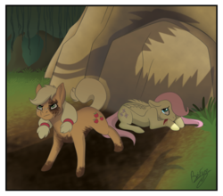 Size: 747x656 | Tagged: safe, artist:brysfine, applejack, fluttershy, dragon, earth pony, pegasus, pony, g4, blood, crying, cutie mark, dirty, duo, everfree forest, female, forest, freckles, hair tie, injured, lying down, mare, mud, muddy, offscreen character, pigtails, protecting, rock, shadow, younger