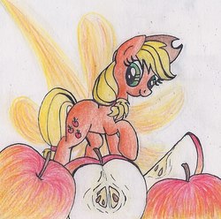 Size: 604x598 | Tagged: safe, artist:pony-paint, part of a set, applejack, earth pony, pony, g4, apple, female, food, looking at you, looking sideways, mare, raised hoof, smiling, solo, three quarter view, traditional art
