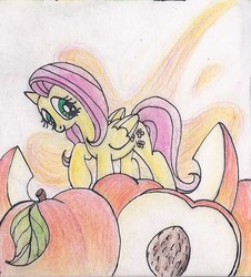 Size: 546x604 | Tagged: safe, artist:pony-paint, part of a set, fluttershy, pegasus, pony, g4, female, folded wings, food, looking at you, looking sideways, mare, peach, raised hoof, smiling, solo, traditional art, wings