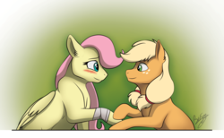 Size: 1024x632 | Tagged: safe, artist:brysfine, applejack, fluttershy, earth pony, pegasus, pony, g4, bandage, blushing, duo, female, freckles, gradient background, hair tie, injured, looking at each other, mare, pigtails, wings, younger