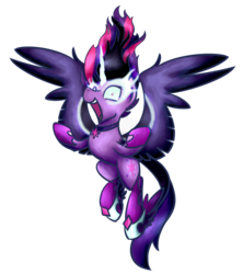 Size: 1600x1800 | Tagged: safe, artist:sugar morning, derpibooru exclusive, sci-twi, twilight sparkle, pony, villains of equestria collab, equestria girls, g4, collaboration, equestria girls ponified, evil, evil laugh, female, flying, laughing, midnight sparkle, open mouth, ponified, simple background, solo, spread wings, transparent background, wings